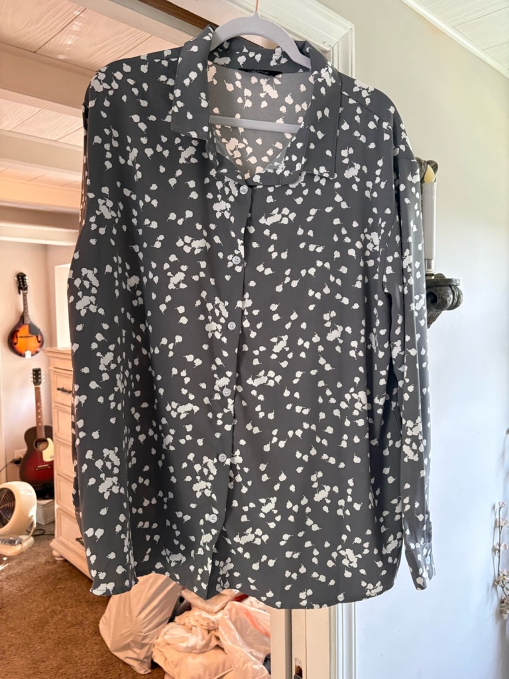 Gray and White Printed Button-Up Blouse